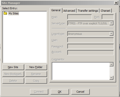 Site Manager Dialog Box